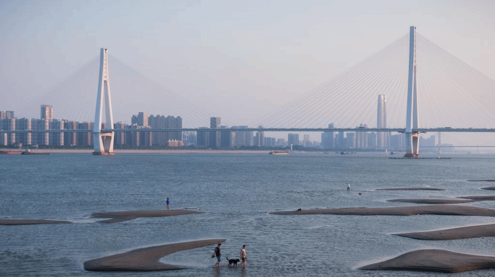 长江武汉段水位持续消退 大片滩涂露出江面