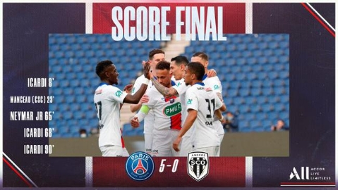 法国杯-伊卡尔迪戴帽内马尔破门 巴黎主场5-0