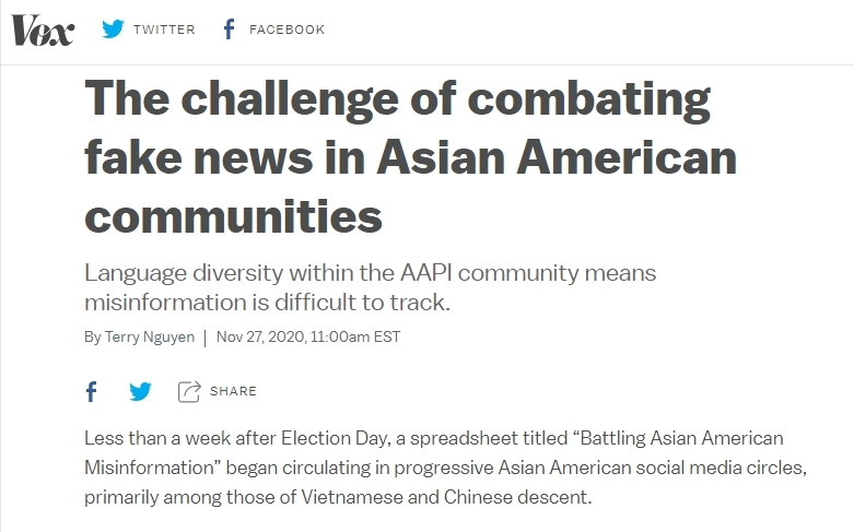 美媒：亚裔美国人群体虚假信息之战 挑战重重